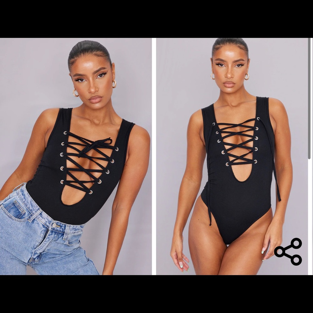 Black Cotton Sleeveless Lace Up Bodysuit